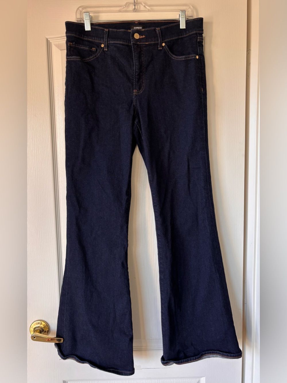 Express 70s Flare Jeans Women 10L Mid Rise Dark Wash Stretch Y2K Bootcut Style